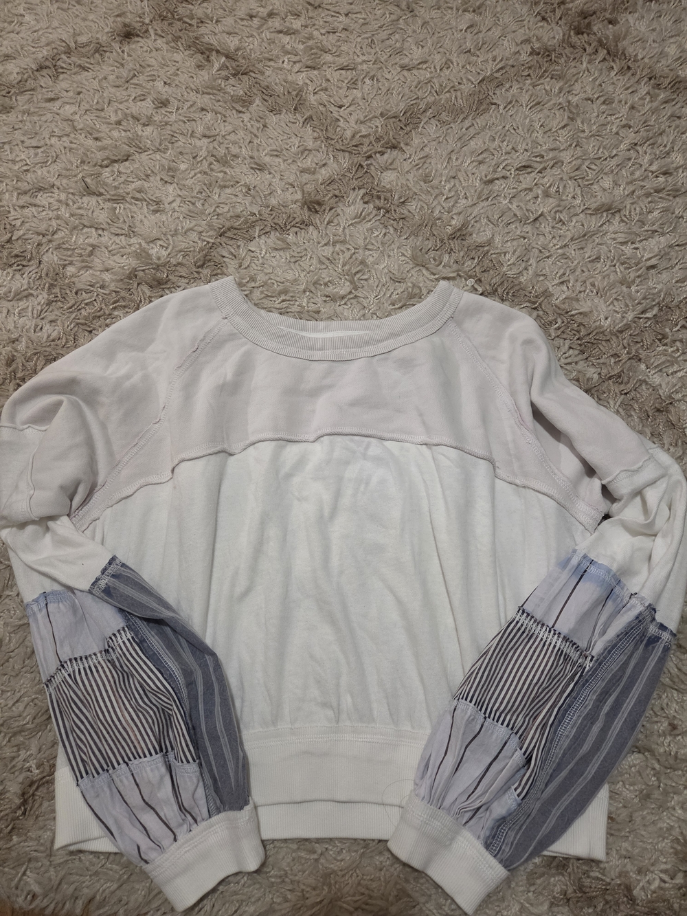 Free People White Pullover Sweatshirt with Blue Stripe Sleeve Panels